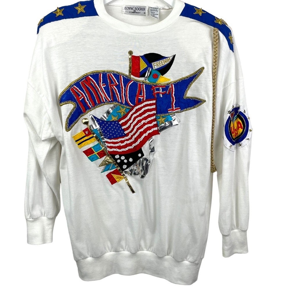 Vintage Bonnie Boerer Womens L Rare USA Sweater Detailed Flag Stars Long Sleeves